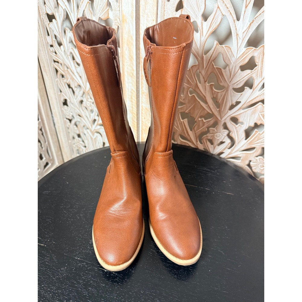 Cat & Jack Kids Cognac Brown Faux Leather Tall Riding Boots Floral Lining Size 2 - Picture 2 of 7